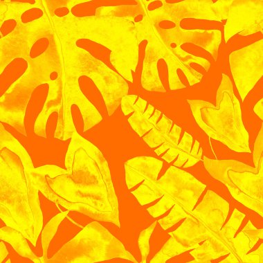 Renkli ve soyut tropikal yapraklı suluboya desenli. Egzotik bitkilerle dolu parlak yaz baskısı. Yaratıcı trend botanik tekstil tasarımı.