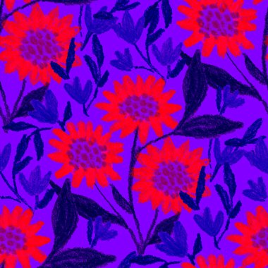 Balmumu pastel boyalarla çizilmiş soyut çiçekleri olan yaratıcı, pürüzsüz desen. Parlak renkli çiçek deseni.