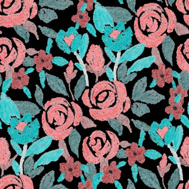 Balmumu pastel boyalarla çizilmiş soyut çiçekleri olan yaratıcı, pürüzsüz desen. Parlak renkli çiçek deseni.