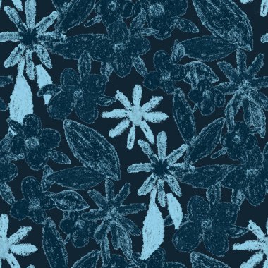 Balmumu pastel boyalarla çizilmiş soyut çiçekleri olan yaratıcı, pürüzsüz desen. Parlak renkli çiçek deseni.