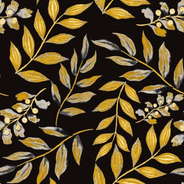 Vintage yapraklı suluboya desenli. Dekoratif tasarım için renkli yaprakları olan güzel bir botanik baskısı. Parlak bahar ya da yaz arkaplanı. Klasik düğün dekoru. Tekstil tasarımı.