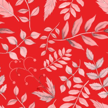 Vintage yapraklı suluboya desenli. Dekoratif tasarım için renkli yaprakları olan güzel bir botanik baskısı. Parlak bahar ya da yaz arkaplanı. Klasik düğün dekoru. Tekstil tasarımı.