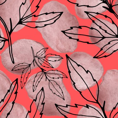 Çizgili sanat çiçekleri ve suluboya lekeleri olan yaratıcı kusursuz desen. Moda soyut modern vintage baskı.