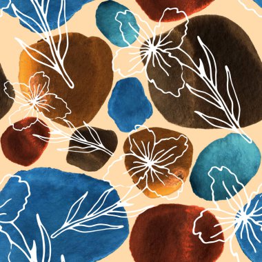 Çizgili sanat çiçekleri ve suluboya lekeleri olan yaratıcı kusursuz desen. Moda soyut modern vintage baskı.