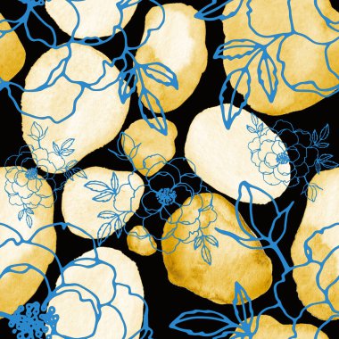 Çizgili sanat çiçekleri ve suluboya lekeleri olan yaratıcı kusursuz desen. Moda soyut modern vintage baskı.