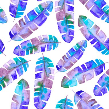 Renkli ve soyut tropikal yapraklı suluboya desenli. Egzotik bitkilerle dolu parlak yaz baskısı. Yaratıcı trend botanik tekstil tasarımı.