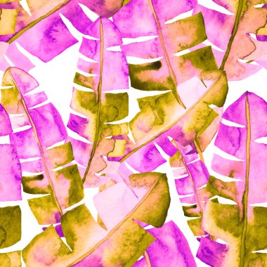 Renkli ve soyut tropikal yapraklı suluboya desenli. Egzotik bitkilerle dolu parlak yaz baskısı. Yaratıcı trend botanik tekstil tasarımı.