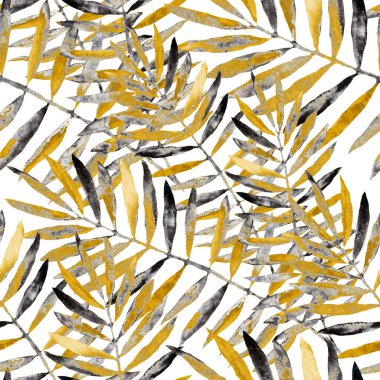 Renkli ve soyut tropikal yapraklı suluboya desenli. Egzotik bitkilerle dolu parlak yaz baskısı. Yaratıcı trend botanik tekstil tasarımı.