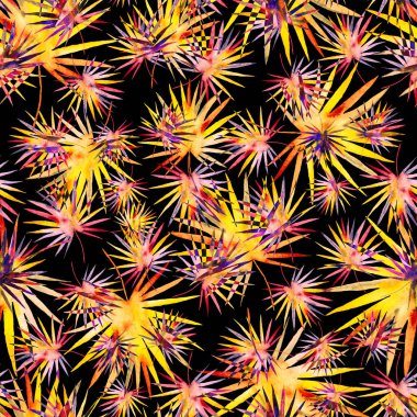 Renkli ve soyut tropikal yapraklı suluboya desenli. Egzotik bitkilerle dolu parlak yaz baskısı. Yaratıcı trend botanik tekstil tasarımı.