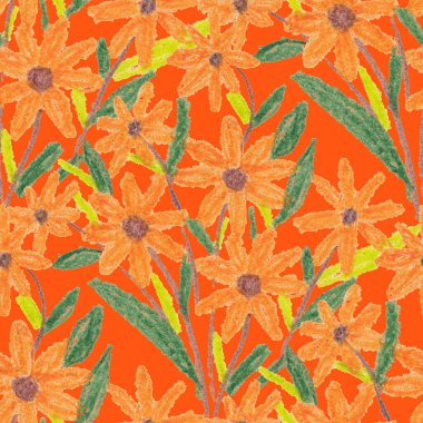 Balmumu pastel boyalarla çizilmiş soyut çiçekleri olan yaratıcı, pürüzsüz desen. Parlak renkli çiçek deseni.