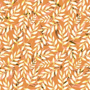 Vintage yapraklı suluboya desenli. Dekoratif tasarım için renkli yaprakları olan güzel bir botanik baskısı. Parlak bahar ya da yaz arkaplanı. Klasik düğün dekoru. Tekstil tasarımı.