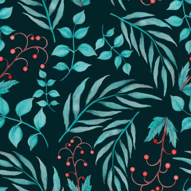 Vintage yapraklı suluboya desenli. Dekoratif tasarım için renkli yaprakları olan güzel bir botanik baskısı. Parlak bahar ya da yaz arkaplanı. Klasik düğün dekoru. Tekstil tasarımı.