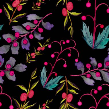 Vintage yapraklı suluboya desenli. Dekoratif tasarım için renkli yaprakları olan güzel bir botanik baskısı. Parlak bahar ya da yaz arkaplanı. Klasik düğün dekoru. Tekstil tasarımı.