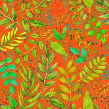 Vintage yapraklı suluboya desenli. Dekoratif tasarım için renkli yaprakları olan güzel bir botanik baskısı. Parlak bahar ya da yaz arkaplanı. Klasik düğün dekoru. Tekstil tasarımı.