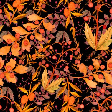 Vintage yapraklı suluboya desenli. Dekoratif tasarım için renkli yaprakları olan güzel bir botanik baskısı. Parlak bahar ya da yaz arkaplanı. Klasik düğün dekoru. Tekstil tasarımı.