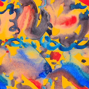 Suluboya, soyut, kusursuz desen. Parlak el yapımı elementlerle yaratıcı doku. Soyut renkli yazdırma.