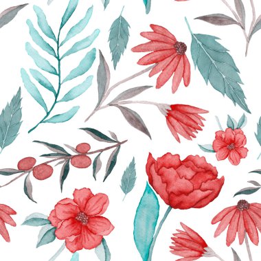 Çiçeklerle suluboya kusursuz desen. Klasik çiçek desenleri. Çiçeksiz desen. Botanik sanatı. Çiçek botanik koleksiyonu. Çiçek seti. Suluboya botanik tasarımı.