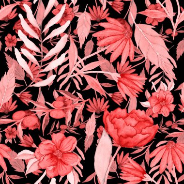 Çiçeklerle suluboya kusursuz desen. Klasik çiçek desenleri. Çiçeksiz desen. Botanik sanatı. Çiçek botanik koleksiyonu. Çiçek seti. Suluboya botanik tasarımı.