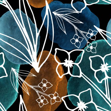 Çizgili sanat çiçekleri ve suluboya lekeleri olan yaratıcı kusursuz desen. Moda soyut modern vintage baskı.