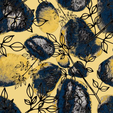 Çizgili sanat çiçekleri ve suluboya lekeleri olan yaratıcı kusursuz desen. Moda soyut modern vintage baskı.