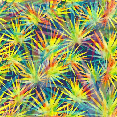 Renkli ve soyut tropikal yapraklı suluboya desenli. Egzotik bitkilerle dolu parlak yaz baskısı. Yaratıcı trend botanik tekstil tasarımı.