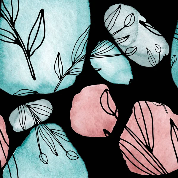 Çizgili sanat çiçekleri ve suluboya lekeleri olan yaratıcı kusursuz desen. Moda soyut modern vintage baskı.