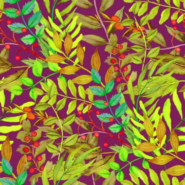 Vintage yapraklı suluboya desenli. Dekoratif tasarım için renkli yaprakları olan güzel bir botanik baskısı. Parlak bahar ya da yaz arkaplanı. Klasik düğün dekoru. Tekstil tasarımı.