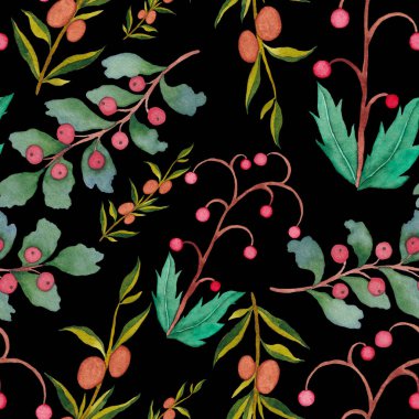 Vintage yapraklı suluboya desenli. Dekoratif tasarım için renkli yaprakları olan güzel bir botanik baskısı. Parlak bahar ya da yaz arkaplanı. Klasik düğün dekoru. Tekstil tasarımı.