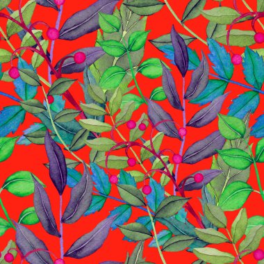 Vintage yapraklı suluboya desenli. Dekoratif tasarım için renkli yaprakları olan güzel bir botanik baskısı. Parlak bahar ya da yaz arkaplanı. Klasik düğün dekoru. Tekstil tasarımı.