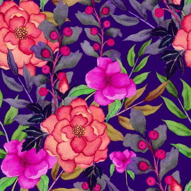 Çiçeklerle suluboya kusursuz desen. Klasik çiçek desenleri. Çiçeksiz desen. Botanik sanatı. Çiçek botanik koleksiyonu. Çiçek seti. Suluboya botanik tasarımı.