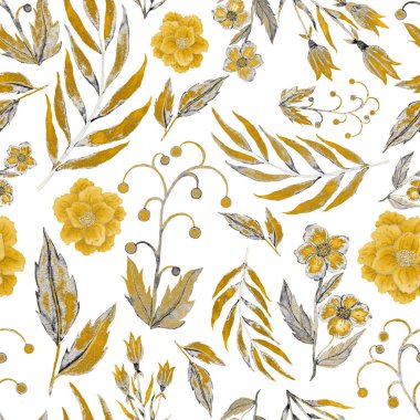 Çiçeklerle suluboya kusursuz desen. Klasik çiçek desenleri. Çiçeksiz desen. Botanik sanatı. Çiçek botanik koleksiyonu. Çiçek seti. Suluboya botanik tasarımı.