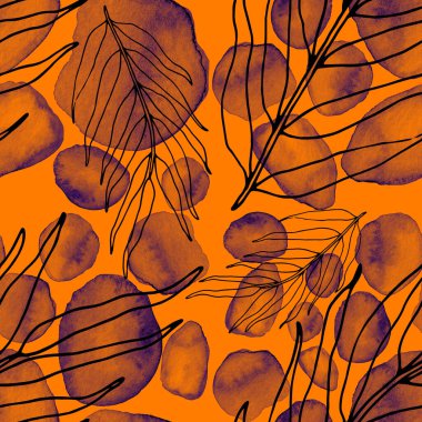 Çizgili sanat çiçekleri ve suluboya lekeleri olan yaratıcı kusursuz desen. Moda soyut modern vintage baskı.