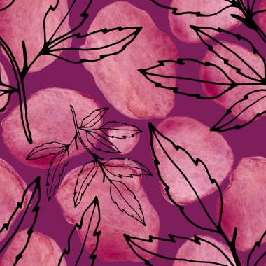 Çizgili sanat çiçekleri ve suluboya lekeleri olan yaratıcı kusursuz desen. Moda soyut modern vintage baskı.