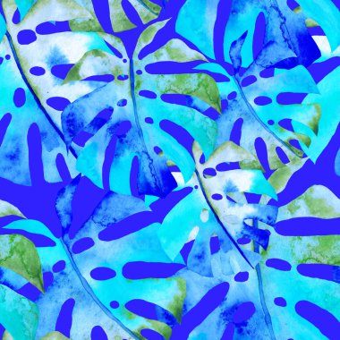 Renkli ve soyut tropikal yapraklı suluboya desenli. Egzotik bitkilerle dolu parlak yaz baskısı. Yaratıcı trend botanik tekstil tasarımı.