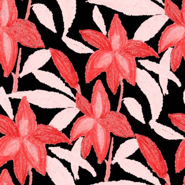 Balmumu pastel boyalarla çizilmiş soyut çiçekleri olan yaratıcı, pürüzsüz desen. Parlak renkli çiçek deseni.