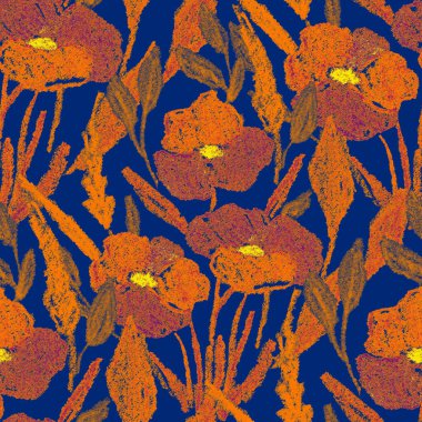 Balmumu pastel boyalarla çizilmiş soyut çiçekleri olan yaratıcı, pürüzsüz desen. Parlak renkli çiçek deseni.