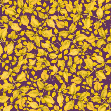 Vintage yapraklı suluboya desenli. Dekoratif tasarım için renkli yaprakları olan güzel bir botanik baskısı. Parlak bahar ya da yaz arkaplanı. Klasik düğün dekoru. Tekstil tasarımı.