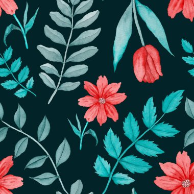 Çiçeklerle suluboya kusursuz desen. Klasik çiçek desenleri. Çiçeksiz desen. Botanik sanatı. Çiçek botanik koleksiyonu. Çiçek seti. Suluboya botanik tasarımı.