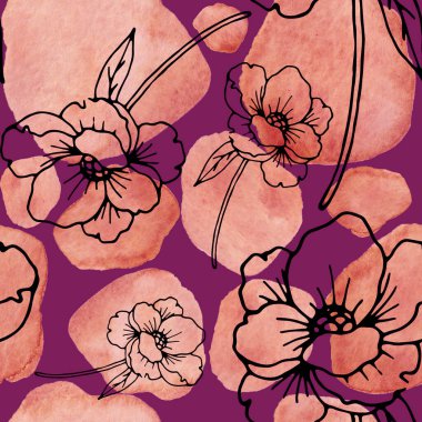 Çizgili sanat çiçekleri ve suluboya lekeleri olan yaratıcı kusursuz desen. Moda soyut modern vintage baskı.