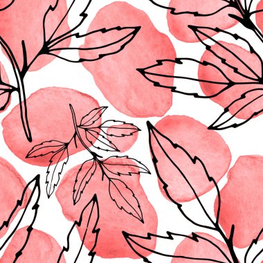 Çizgili sanat çiçekleri ve suluboya lekeleri olan yaratıcı kusursuz desen. Moda soyut modern vintage baskı.