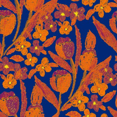 Balmumu pastel boyalarla çizilmiş soyut çiçekleri olan yaratıcı, pürüzsüz desen. Parlak renkli çiçek deseni.