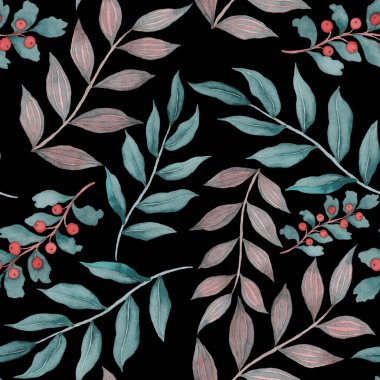 Vintage yapraklı suluboya desenli. Dekoratif tasarım için renkli yaprakları olan güzel bir botanik baskısı. Parlak bahar ya da yaz arkaplanı. Klasik düğün dekoru. Tekstil tasarımı.