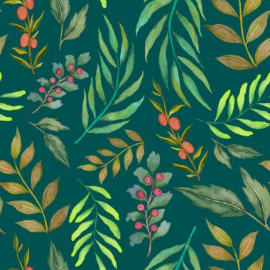 Vintage yapraklı suluboya desenli. Dekoratif tasarım için renkli yaprakları olan güzel bir botanik baskısı. Parlak bahar ya da yaz arkaplanı. Klasik düğün dekoru. Tekstil tasarımı.