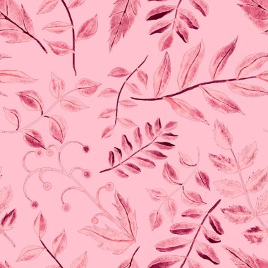 Vintage yapraklı suluboya desenli. Dekoratif tasarım için renkli yaprakları olan güzel bir botanik baskısı. Parlak bahar ya da yaz arkaplanı. Klasik düğün dekoru. Tekstil tasarımı.