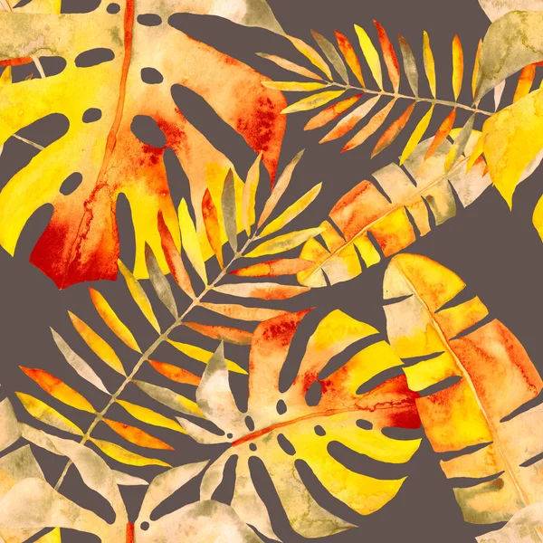 Akvarell Zökkenőmentes Minta Színes Elvont Trópusi Levelek Fényes Nyári Nyomtatás — Stock Fotó