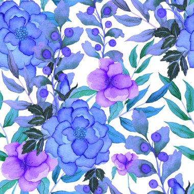 Çiçeklerle suluboya kusursuz desen. Klasik çiçek desenleri. Çiçeksiz desen. Botanik sanatı. Çiçek botanik koleksiyonu. Çiçek seti. Suluboya botanik tasarımı.