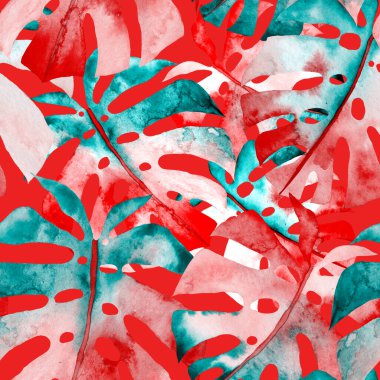 Renkli ve soyut tropikal yapraklı suluboya desenli. Egzotik bitkilerle dolu parlak yaz baskısı. Yaratıcı trend botanik tekstil tasarımı.