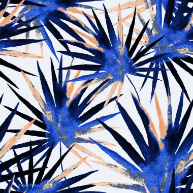 Renkli ve soyut tropikal yapraklı suluboya desenli. Egzotik bitkilerle dolu parlak yaz baskısı. Yaratıcı trend botanik tekstil tasarımı.