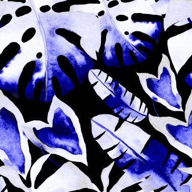 Renkli ve soyut tropikal yapraklı suluboya desenli. Egzotik bitkilerle dolu parlak yaz baskısı. Yaratıcı trend botanik tekstil tasarımı.