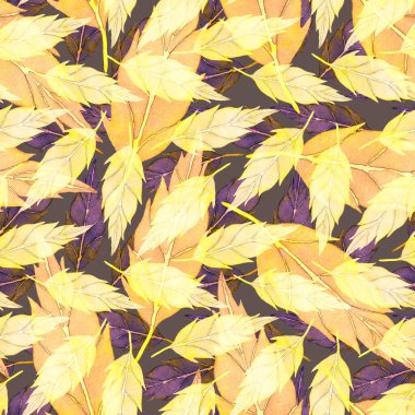 Vintage yapraklı suluboya desenli. Dekoratif tasarım için renkli yaprakları olan güzel bir botanik baskısı. Parlak bahar ya da yaz arkaplanı. Klasik düğün dekoru. Tekstil tasarımı.